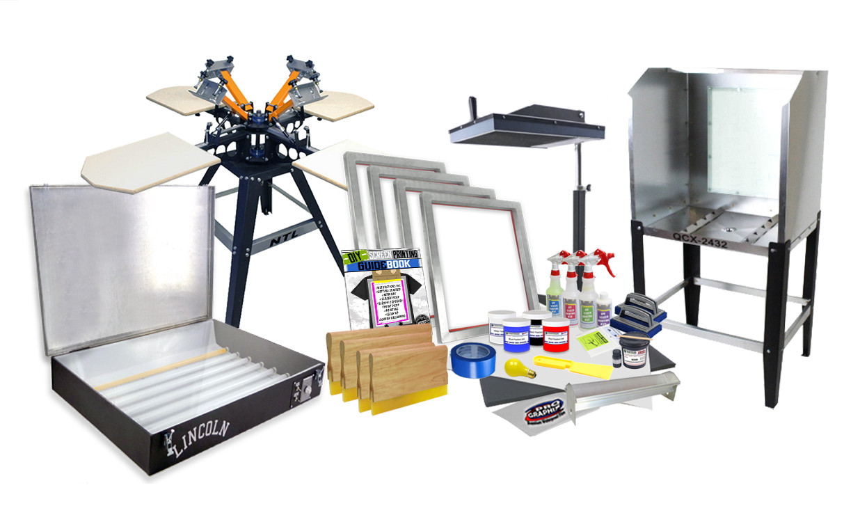 Updated Full Set 4 Color Station Press Printer & Flash Dryer Screen Printing Kit