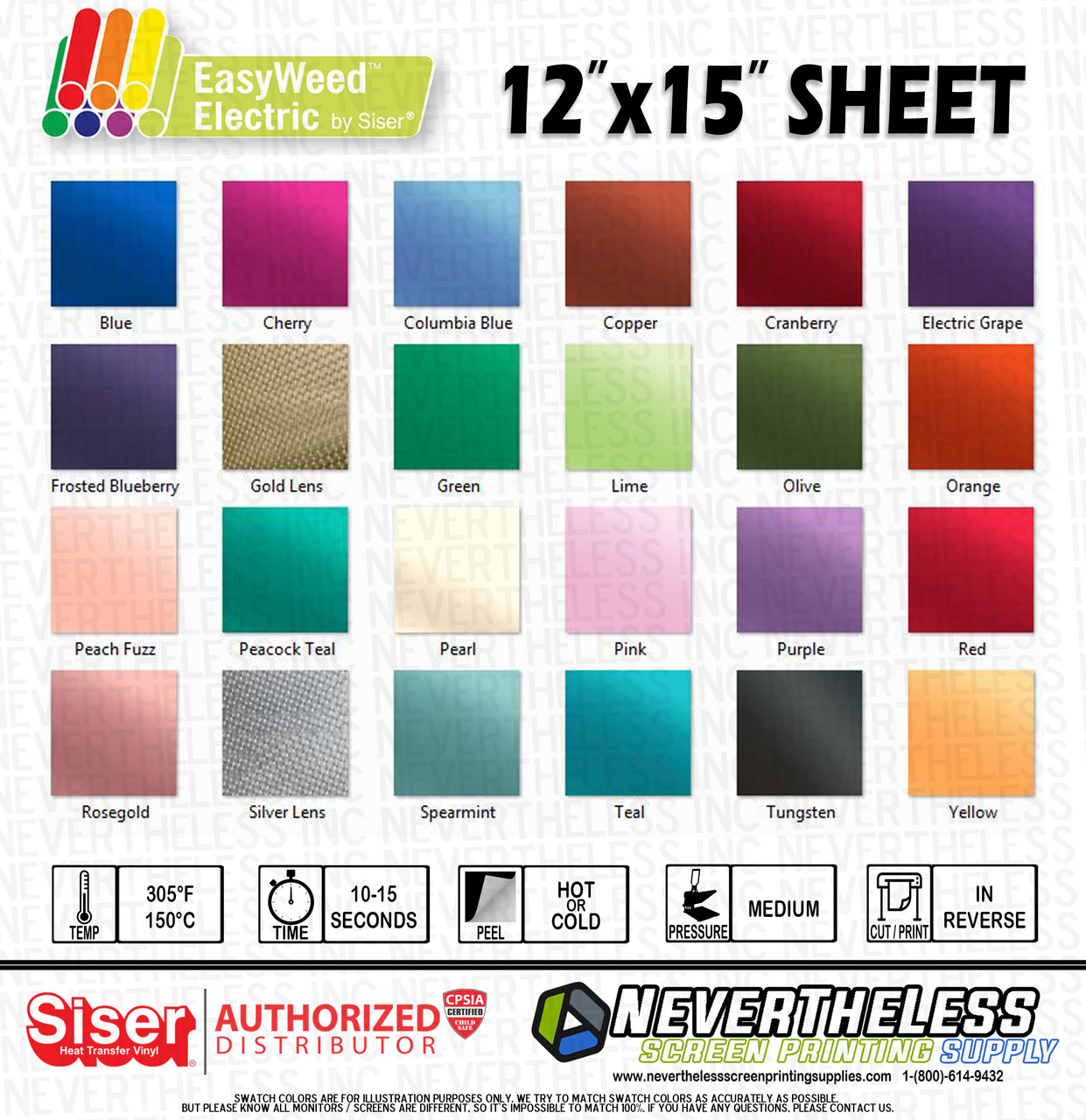 - 15" x 12`` each Siser 10 colors kit Stretch Heat Transfer Press Vinyl 
