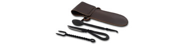 GDFB Spoon, Fork, Knife with Leather Pouch, Blackened Stainless