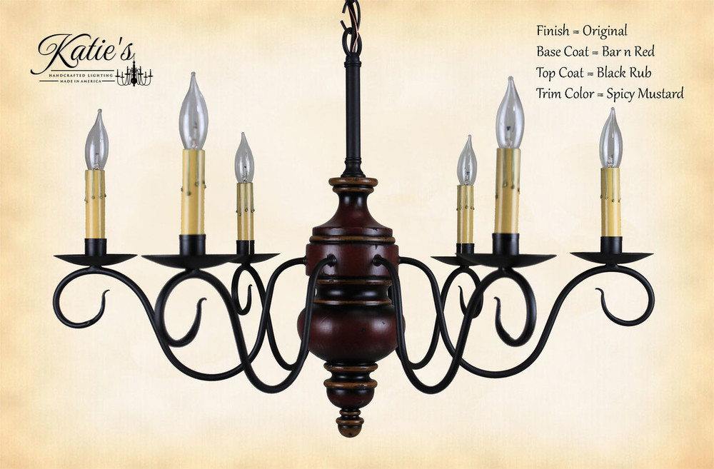 Katie's Handcrafted Lighting Queen Anne Wood Chandelier Pictured In: Original Finish, Base Coat Color = Barn Red, Top Coat Color = Black Rub, Trim Color = Spicy Mustard
