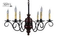 Katie's Handcrafted Lighting Queen Anne Wood Chandelier Pictured In: Original Finish, Base Coat Color = Barn Red, Top Coat Color = Black Rub, Trim Color = Spicy Mustard