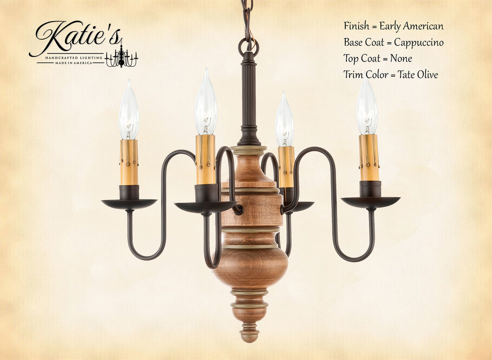 Katie's Handcrafted Lighting Chesapeake Mini Wood Chandelier Pictured In Early American Finish: Base Coat Color = Cappuccino, Top Coat Color = None, Trim Color = Tate Olive