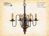 Katie's Handcrafted Lighting Chesapeake Mini Wood Chandelier Pictured In Early American Finish: Base Coat Color = Massicot, Top Coat Color = Black, Trim Color = Cottage Red