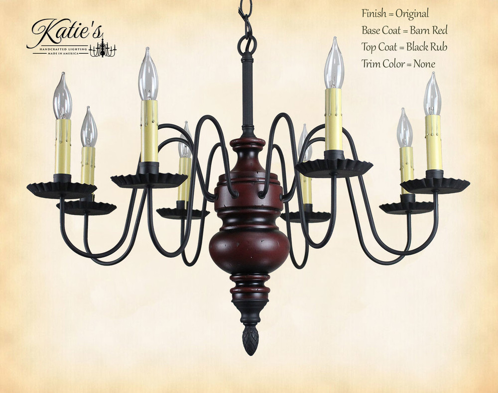 Katie's Handcrafted Lighting Frederick Wood Chandelier Pictured In Original Finish: Base Coat Color = Barn Red, Top Coat Color = Black Rub, Trim Color = None