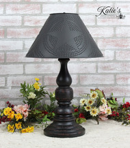 Katie's Handcrafted Lighting No Arm Liberty Lamp Pictured In: Base Coat Color = Barn Red, Top Coat Color = Black Crackle, Trim Color = None, Pictured With 15" Star Shade In Aged Black