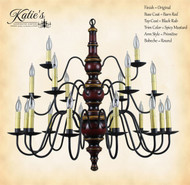Katie's Handcrafted Lighting Elders 3 Tier Wood Chandelier Pictured In: Original Finish, Base Coat Color = Barn Red, Top Coat Color = Black Rub, Trim Color = Spicy Mustard