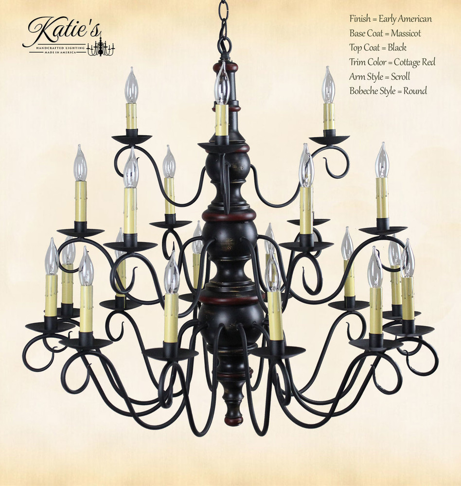Katie's Handcrafted Lighting Elders 3 Tier Wood Chandelier Pictured In: Early American Finish, Base Coat Color = Massicot, Top Coat Color = Black, Trim Color = Cottage Red