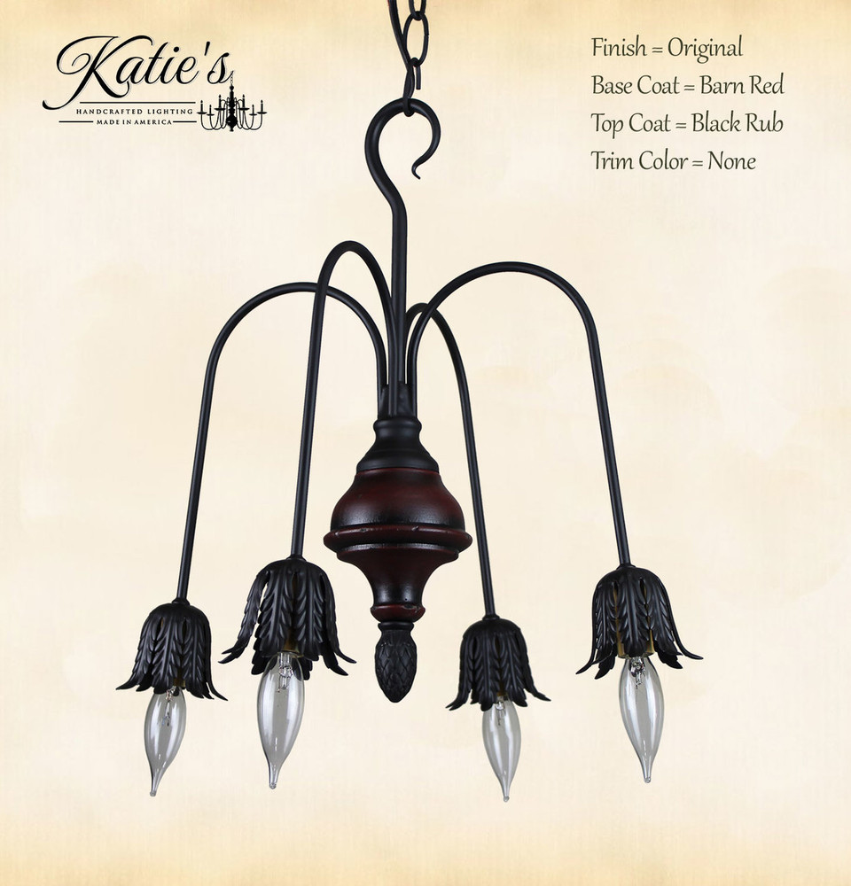 Beacon Falls Wood 4 Arm Chandelier Finished In Barn Red, Black Rub, No Trim, Handcrafted In The USA by Katie's Handcrafted Lighting