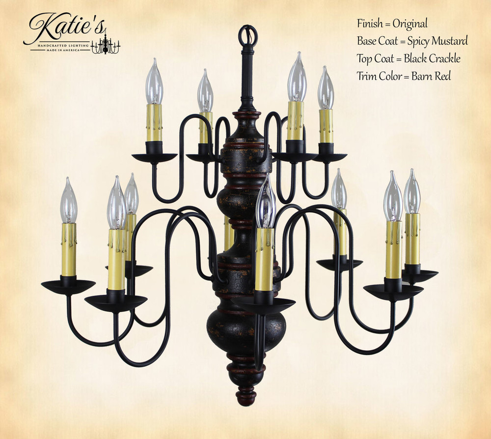 Katie's Handcrafted Lighting Chesapeake 2-Tier Wood Chandelier Pictured In Original Finish: Base Coat Color = Spicy Mustard, Top Coat Color = Black Crackle, Trim Color = Barn Red