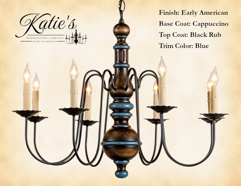 Katie's Handcrafted Lighting Hamilton Wood Chandelier Pictured In: Early American Finish, Base Coat Color = Cappuccino, Top Coat Color = Black Rub, Trim Color = Blue