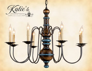 Katie's Handcrafted Lighting Hamilton Wood Chandelier Pictured In: Early American Finish, Base Coat Color = Cappuccino, Top Coat Color = Black Rub, Trim Color = Blue