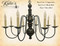 Katie's Handcrafted Lighting Hamilton Wood Chandelier Pictured In: Early American Finish, Base Coat Color = Cappuccino, Top Coat Color = Black Rub, Trim Color = Barn Red