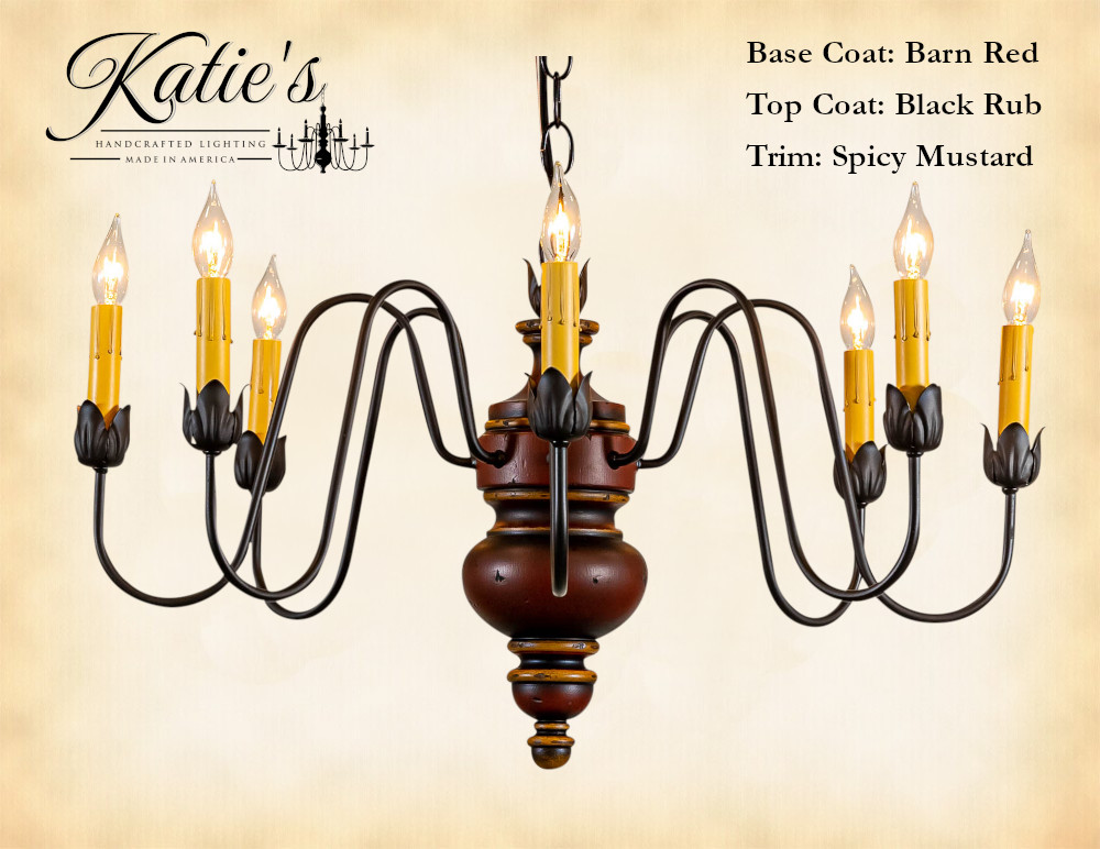 Katie's Handcrafted Lighting Chesapeake Wood Chandelier Pictured In: Base Coat Color = Barn Red, Top Coat Color = Black Rub, Trim Color = Spicy Mustard