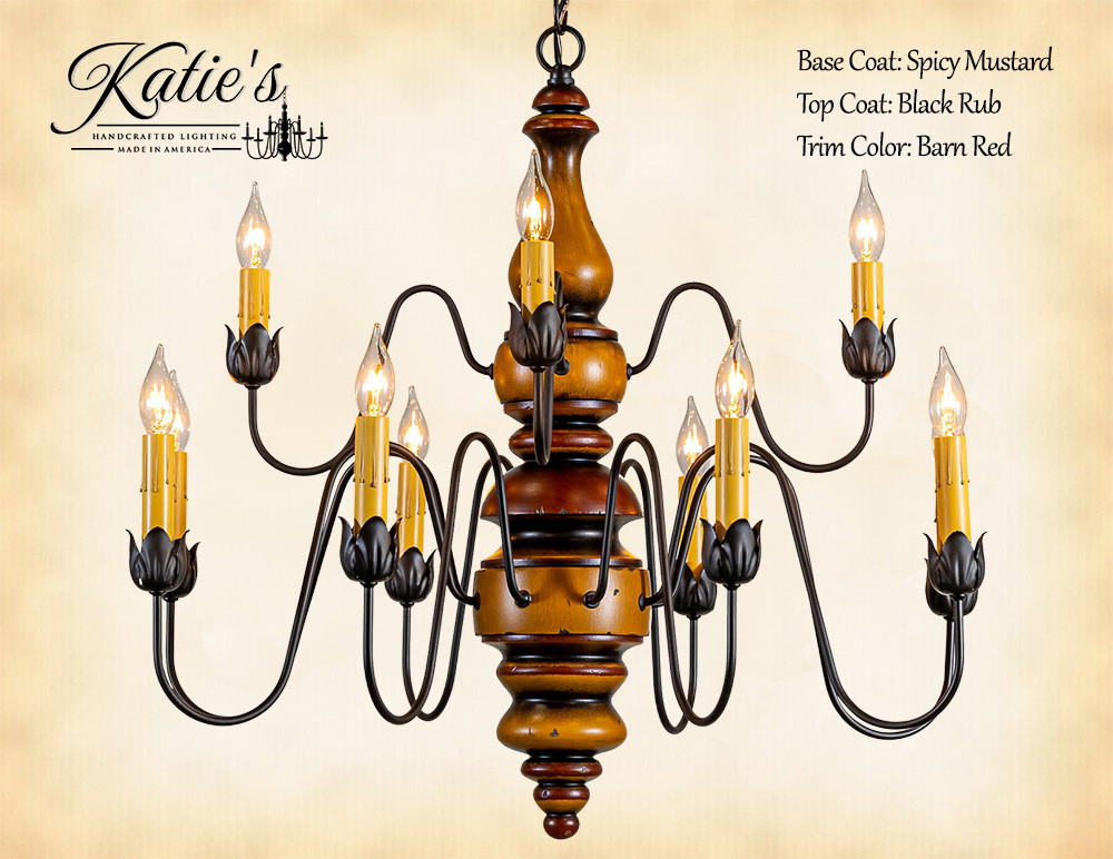 Katie's Handcrafted Lighting Charleston Chandelier Pictured In: Base Coat Color = Spicy Mustard, Top Coat Color = Black Rub, Trim Color = Barn Red