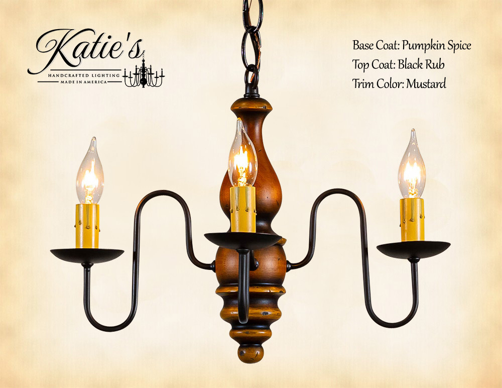 Katie's Handcrafted Lighting Abigail Wood Chandelier Pictured In: Base Coat Color = Pumpkin Spice, Top Coat Color = Black Rub, Trim Color = Mustard