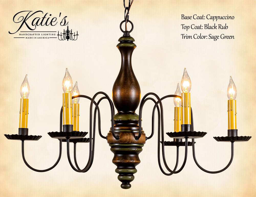 Katie's Handcrafted Lighting Anderson House Wood Chandelier Pictured In: Base Coat Color = Cappuccino, Top Coat Color = Black Rub, Trim Color = Sage Green