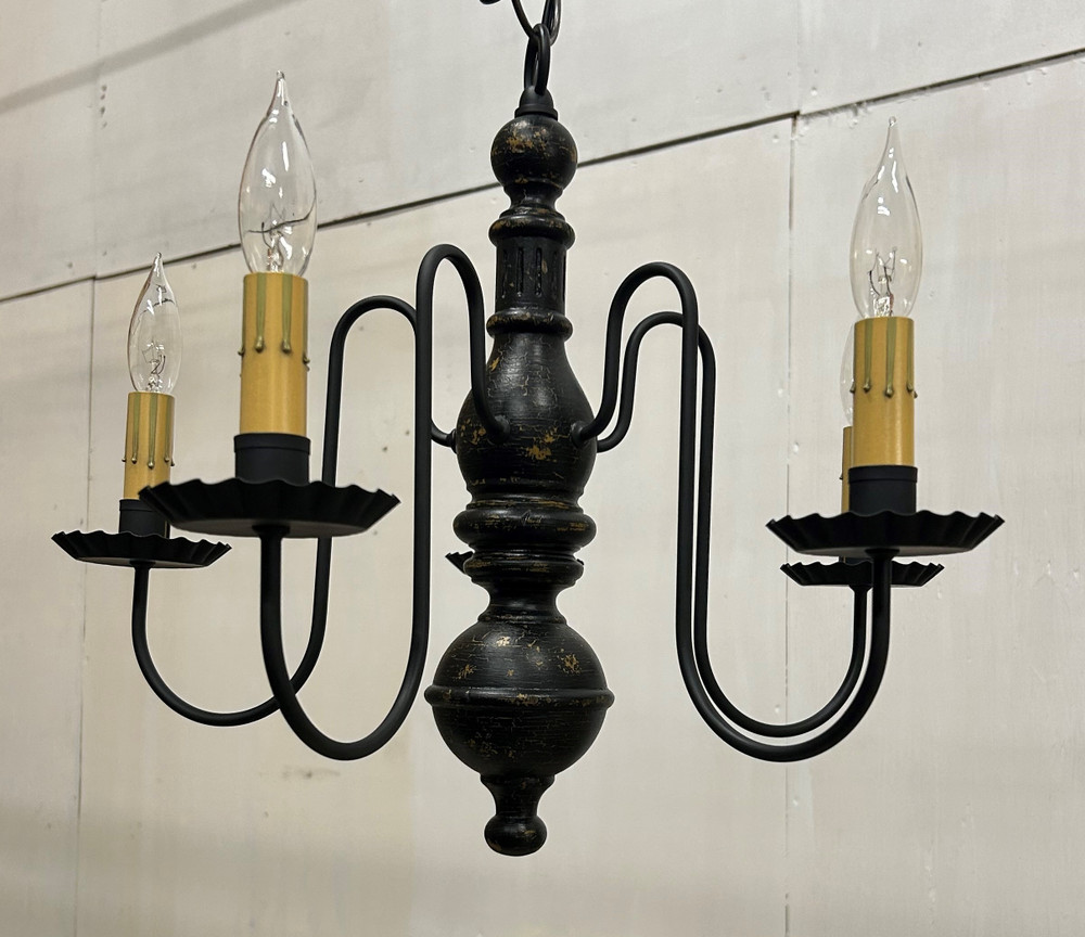 Katie's Handcrafted Lighting Hamilton Wood Chandelier Pictured In: Original Finish, Base Coat Color = Mustard, Top Coat Color = Black Crackle, Trim Color = None