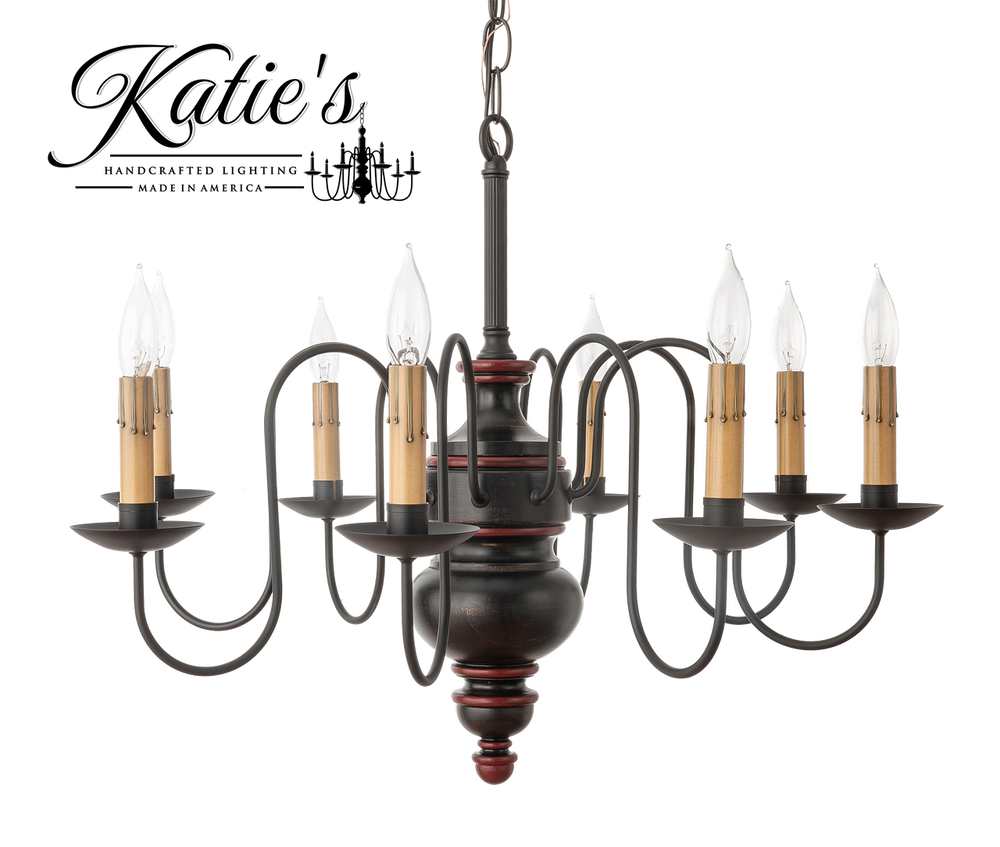 Katie's Handcrafted Lighting Chesapeake Wood Chandelier Pictured In: Base Coat Color = Massicot, Top Coat Color = Black, Trim Color = Cottage Red