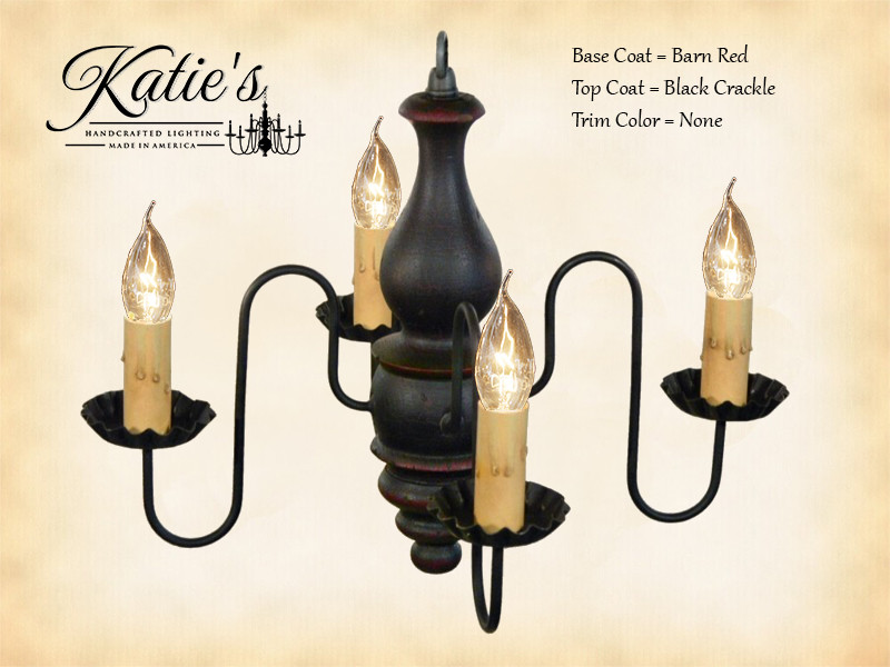 Katie's Handcrafted Lighting Abigail Wood Chandelier Pictured In: Base Coat Color = Barn Red, Top Coat Color = Black Crackle, Trim Color = None