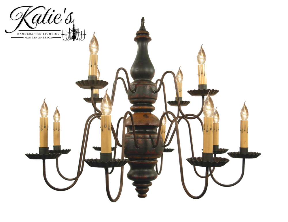 Katie's Handcrafted Lighting Charleston Chandelier Pictured In: Base Coat Color = Barn Red, Top Coat Color = Black Crackle, Trim Color = Spicy Mustard