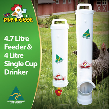 4.7 Litre Chicken Feeder and 4 Litre Chicken Drinker. Keep your girls happy with Dine a Chook’s Poultry Feeder and Waterer kit. Made in Australia, this is the best automatic system for small flocks. 
