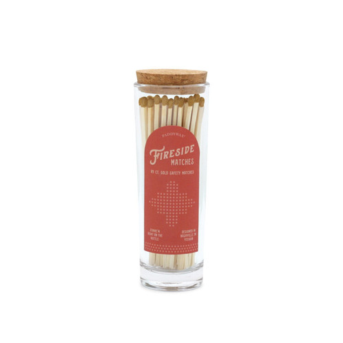 FIRESIDE TALL SAFETY MATCHES WITH MATTE GOLD TIP IN GLASS CONTAINER + CORK LID (85 COUNT), 647658026411