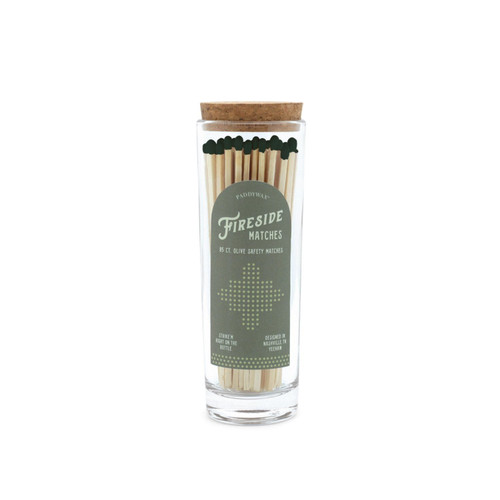 FIRESIDE TALL SAFETY MATCHES WITH OLIVE GREEN TIP IN GLASS CONTAINER + CORK LID (85 COUNT), 647658026435