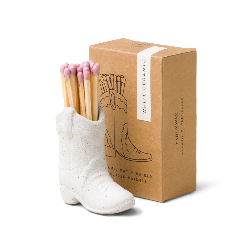 COWBOY BOOT VINTAGE MATCH HOLDER - WHITE, INCLUDES 25 COUNT of LILAC SAFETY MATCHES, ACC18