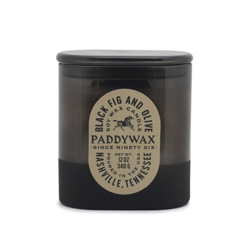 VISTA 12 OZ BLACK GLASS WITH TAUPE LABEL AND GLASS LID - BLACK FIG & OLIVE, VS1006