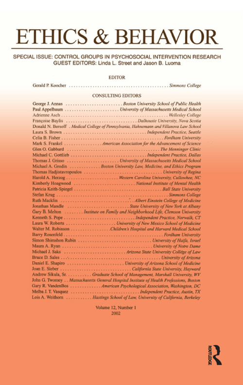 Control Groups in Psychosocial intervention Research (A Special Issue of ethics & Behavior) by Linda L. Street, Jason B. Luoma, 9780805896763