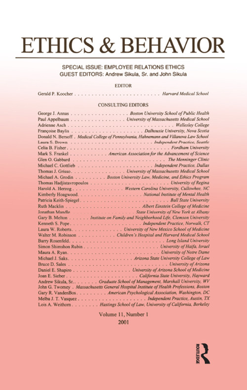 Employee Relations Ethics (A Special Issue of ethics & Behavior) by Andrew Sikula, Sr., John Sikula, 9780805897265