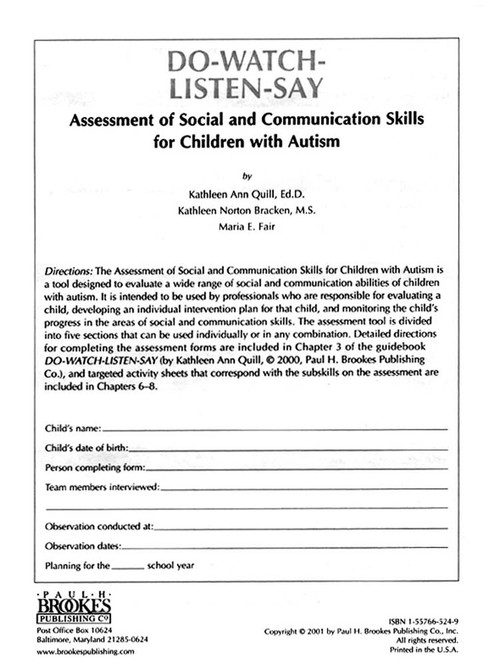 The Assessment of Social and Communication Skills for Children with Autism by Kathleen Quill, Kathleen Bracken, Julie Fiore, Maria Fair, 9781557665249