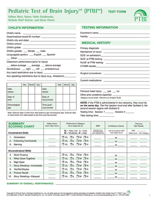 Pediatric Test of Brain Injury™ (PTBI™ ) Test Form by Gillian Hotz, Nancy Helm-Estabrooks, Nickola Nelson, Elena Plante, 9781598571097