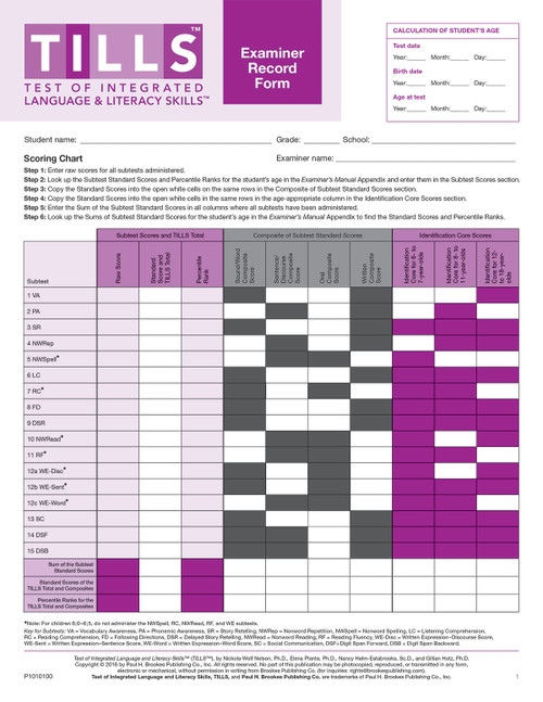 Test of Integrated Language and Literacy Skills™ (TILLS™) Examiner Record Forms by Nickola Nelson, Elena Plante, Nancy Helm-Estabrooks, Gillian Hotz, 9781598578300