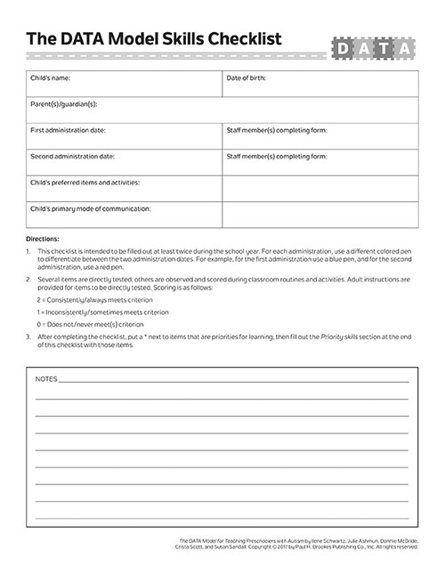 Project DATA Skills Checklist Forms by Ilene S. Schwartz, Julie Ashmun, Bonnie McBride, Crista Scott, Susan R. Sandall, 9781681252209