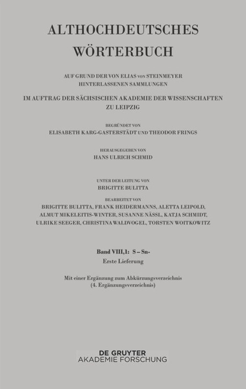 Band VIII,1: S-Sn. 1. Lieferung (s bis saharahi) (German Edition) by Hans Ulrich Schmid, 9783110659269
