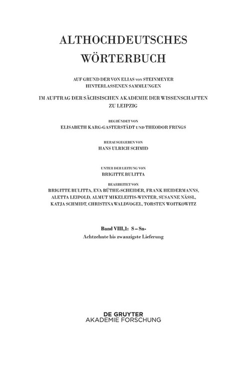 Band VIII,1: S - Sn- 18.-20. Lieferung (German Edition) by Hans Ulrich Schmid, 9783111355405