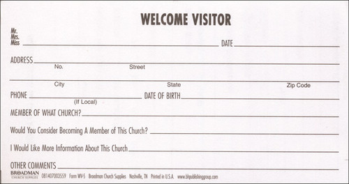 Guest Card - Information for the Pastor (Form WV-5) by Broadman Church Supplies Staff, 9780805474091