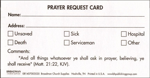 Prayer Request Card (Package of 100) (Matthew 21:22 (KJV)) by Broadman Church Supplies Staff, 9780805474145