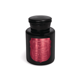 APOTHECARY NOIR 8 OZ BLACK GLASS VESSEL & LID WITH MAROON LABEL - LINEN & ORRIS, APN805