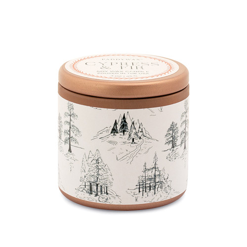 CYPRESS & FIR 3 OZ COPPER TIN + WHITE LABEL WITH GREEN TOILE PATTERN, CFH0301