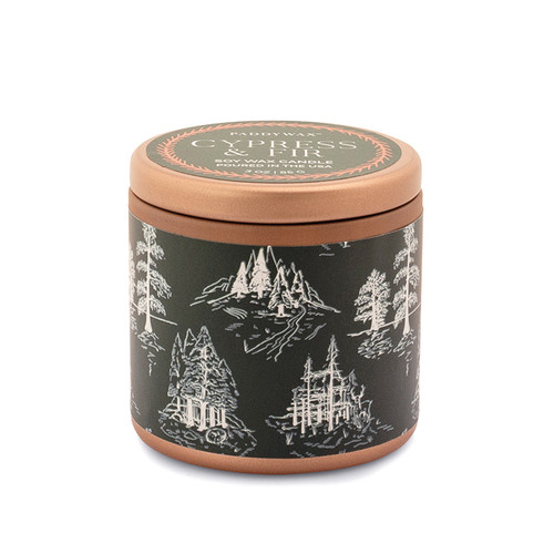 CYPRESS & FIR 3 OZ COPPER TIN + GREEN LABEL WITH WHITE TOILE PATTERN, CFH0302