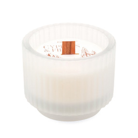 CYPRESS & FIR 5 OZ  FROSTED WHITE FOOTED RIBBED GLASS with WOODEN WICK + COPPER FOIL DUST COVER, CFH0501