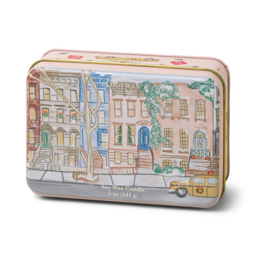 HOLIDAY TIN 5 OZ MATTE ILLUSTRATED TIN WITH BROWNSTONE SCENE - TANGERINE & CLOVE, CT0509