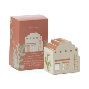 CERAMIC INCENSE & TEA LIGHT HOLDER SANTA FE ADOBE, WHITE - 1 TEA LIGHT & 20 COUNT INCENSE CONES, PALO SANTO, IN0024
