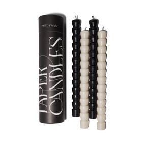TAPER SET BLACK & WHITE PACKAGED IN BLACK TUBE PACKAGING (INCLUDES 2 TAPER CANDLES OF EACH COLOR, 4 TOTAL TAPERS), THB001