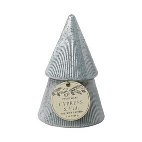 CYPRESS & FIR 7 OZ WHITE RIBBED MERCURY STACKED TREE CANDLE W/ LID  - CYPRESS & FIR, CFST0703