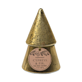 CYPRESS & FIR 7 OZ GOLD RIBBED MERCURY STACKED TREE CANDLE W/ LID - CYPRESS & FIR, CFST0704