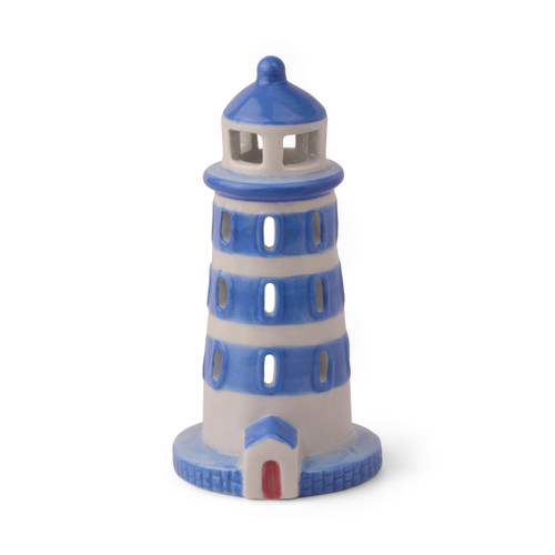 CERAMIC INCENSE & TEA LIGHT HOLDER LIGHTHOUSE, BLUE - 1 TEA LIGHT & 20 COUNT INCENSE CONES, PALO SANTO, IN0028