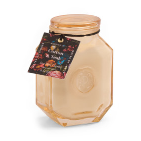 BOTANICA 8 OZ TRANSPARENT MILKY WHITE GLASS W/ EMBOSSED LOGO & LID - COTTON & TEAK, BOT0801